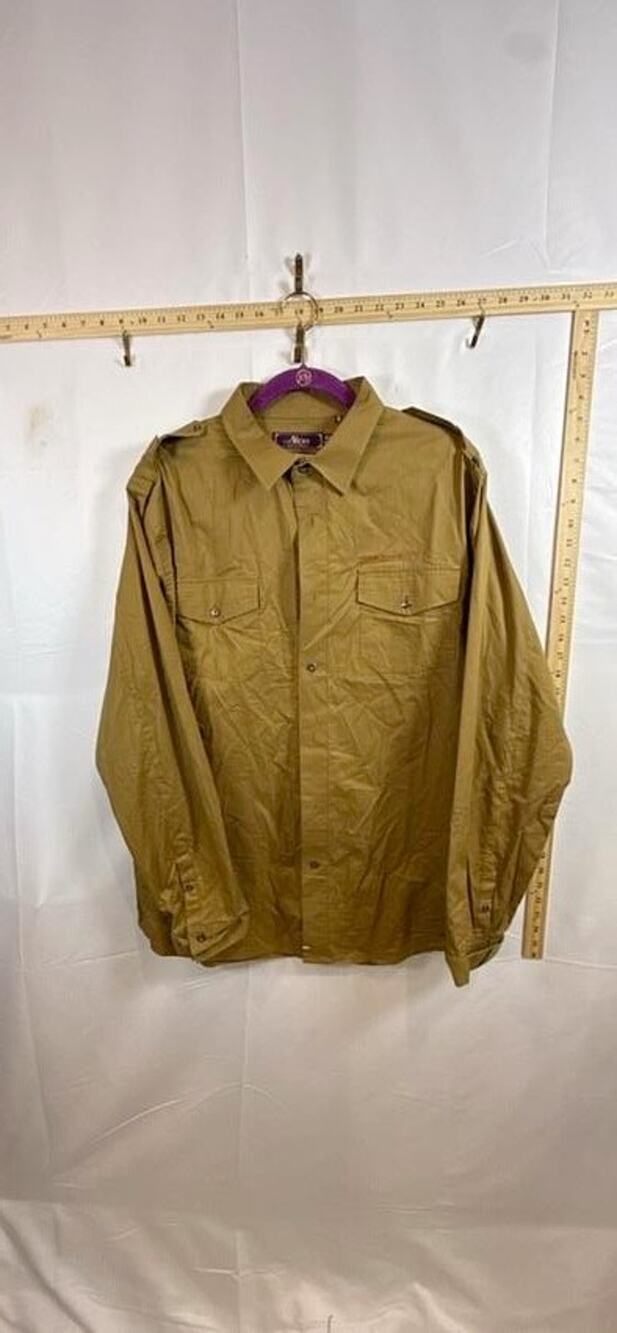 AKOO A KING OF ONESELF Mens XL Shirt Safari Military Khaki Tan Button Up Epaulet